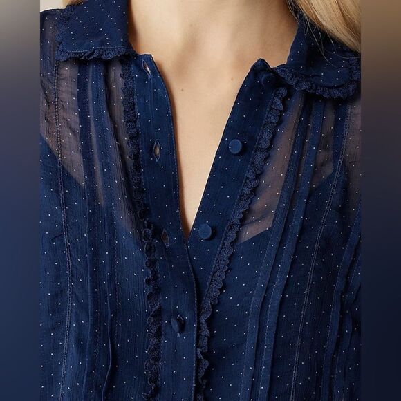NWT J CREW Sheer lace-trim button-up shirt in dot crinkle chiffon - Picture 5 of 7